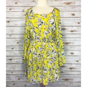 Yellow Dress Long Sleeve Pleated Shift Mini White Floral Print Small Forever 21